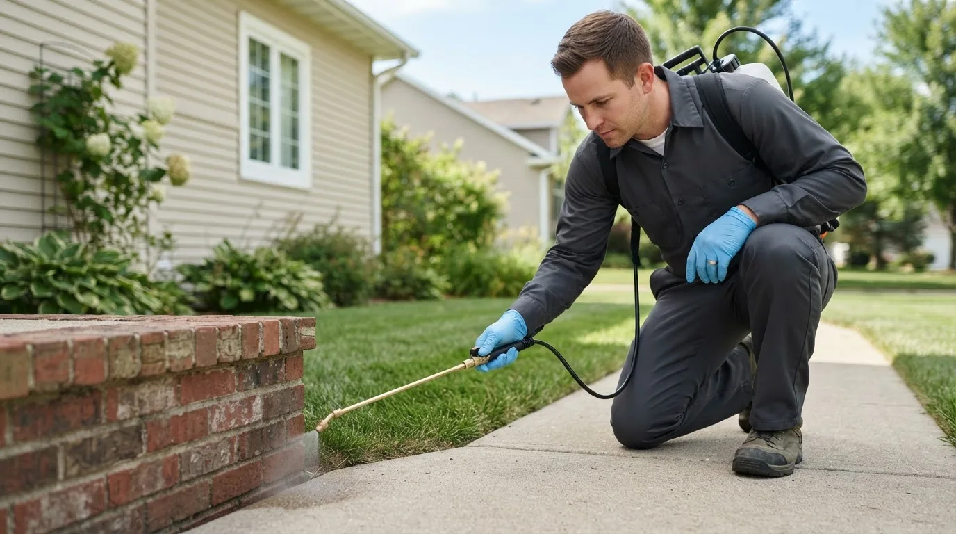 Pest control technician treating a home near Grantsburg, IN
